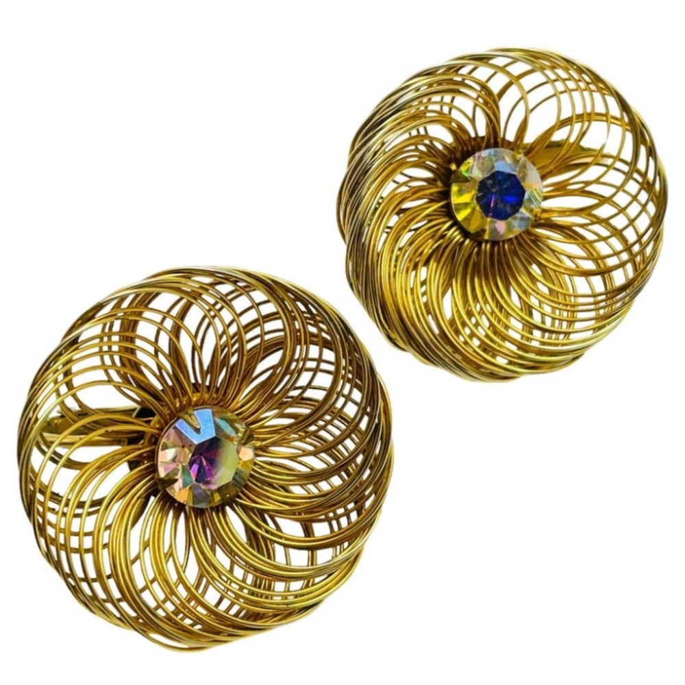 Vintage signed SAC gold plated wired spun AB flower bud clip on earrings